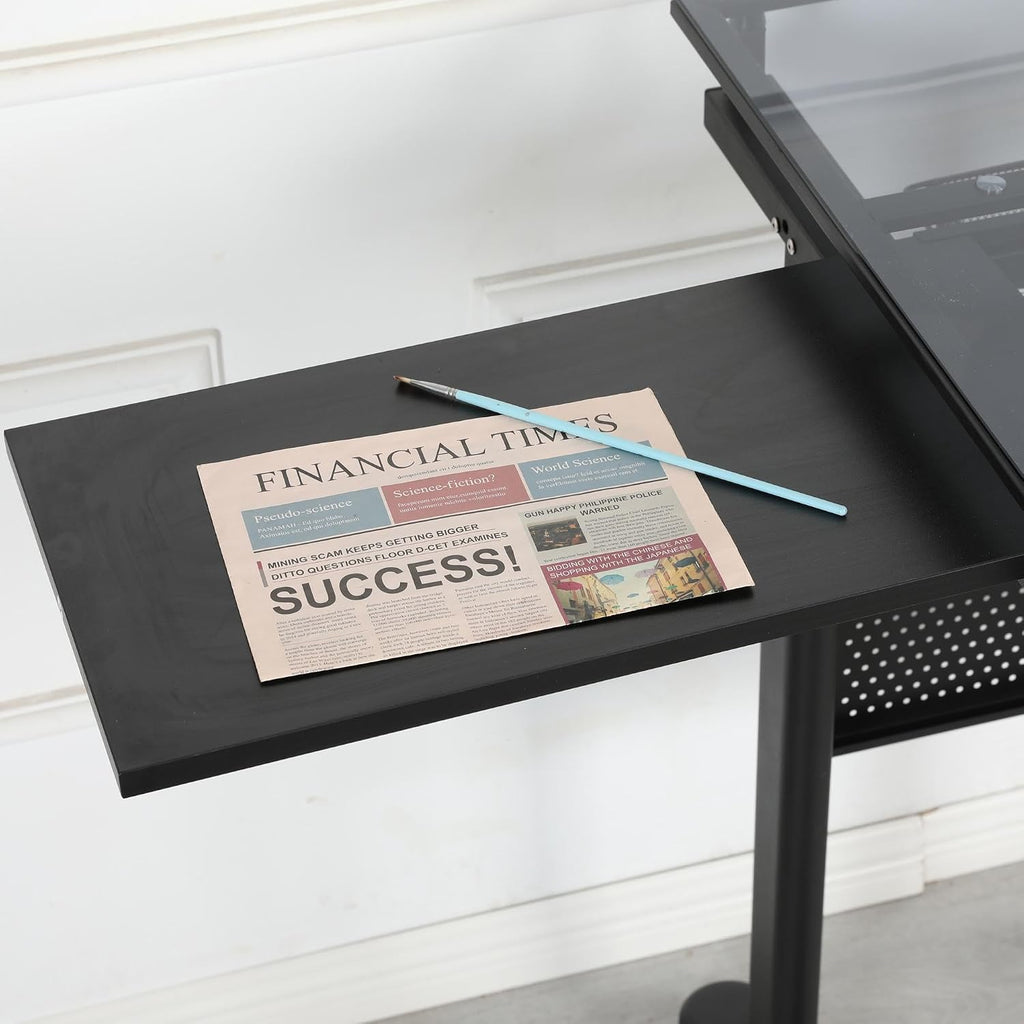 GDFStudio Drafting Table with Extended Desktop & 2 Metal Drawers, Adjustable Height Art Craft Desk with Storage, Tilted Tempered Glass Table Top Diamond Painting with Stool for Home Office, Black
