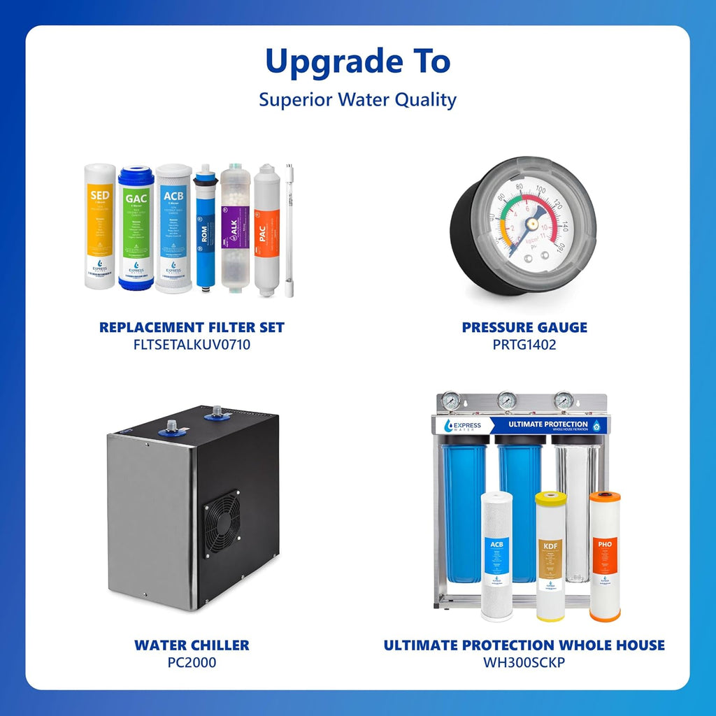 Express Water ROALKUV10MBN 11-Stage Alkaline Under Sink Reverse Osmosis Water Filter System, UV Filter, NSF Certified 372 & 58, 100 GPD, Brushed Nickel Faucet