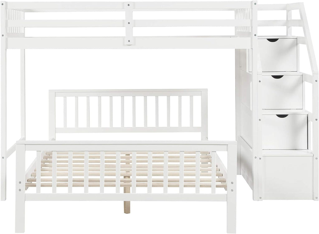 Harper & Bright Designs Twin Over Full Loft Beds, Bunk Beds Twin Over Full with Stairway and Storage, Full-Length Guardrail, No Box Spring Needed (White, Twin over Full)