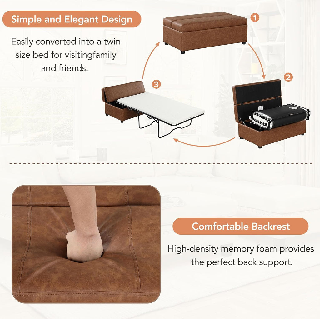 Folding Ottoman Sleeper Bed with Foldable Foam Mattress, Faux Leather Upholstered with Pull Out Bed and Steel Frame Base, Twin Size, for Living Room Bedroom Office (Brown PU)