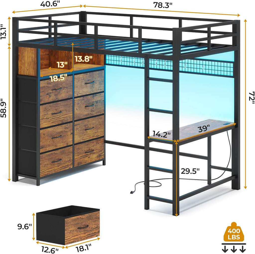 ADORNEVE Twin Size Loft Bed with Desk and 8 Storage Drawers, Metal Kids Loft Bed Twin with LED Lights & Charging Sation, Storage Shelves, 13.1' H Safety Guard & Ladder, Rustic Brown