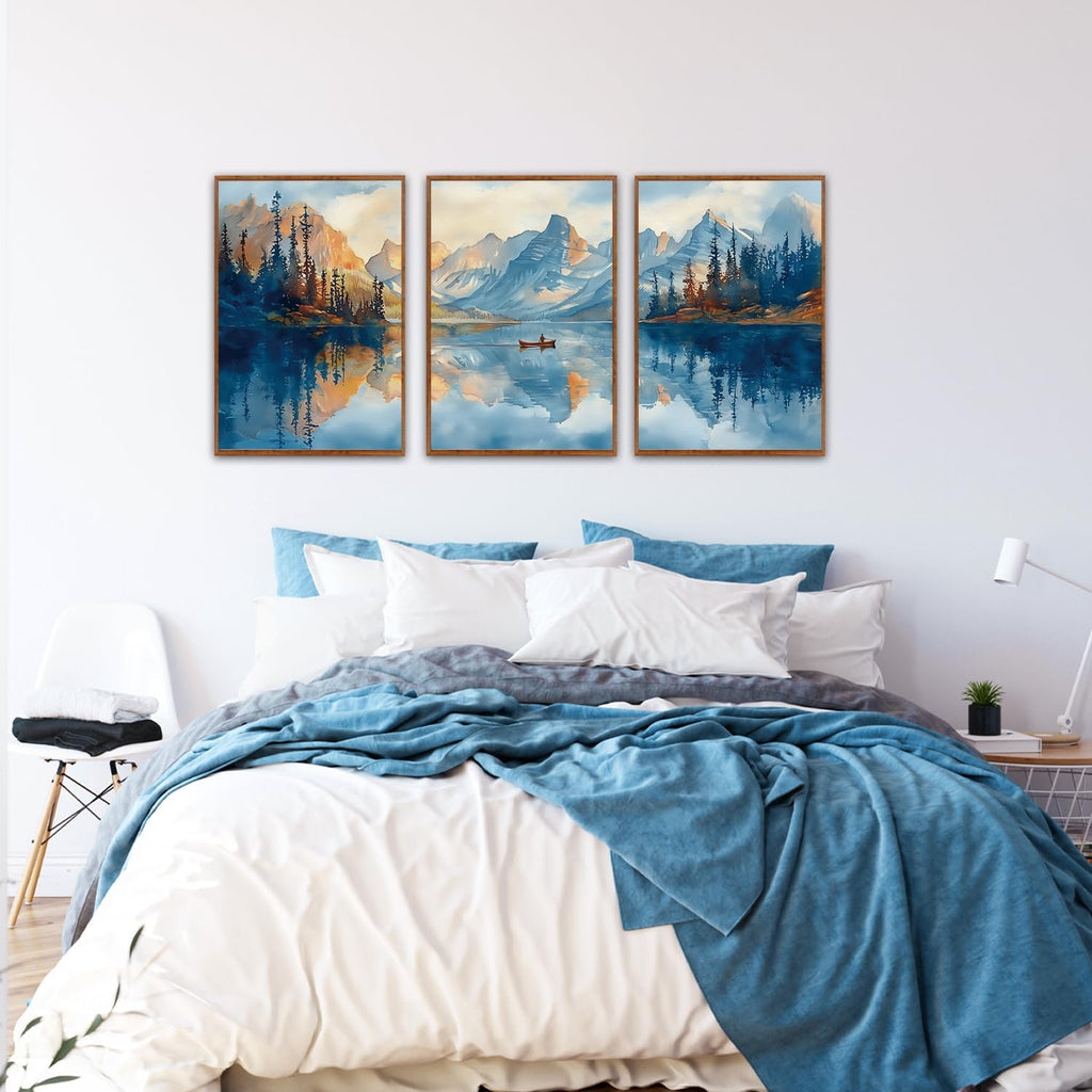 KAIRNE Landscape Wall Art Set of 3(24'X36'),Abstract Forest Canvas Paintings,Watercolor Blue Mountain Lake Prints,Framed Nature Scenery Artwork for Living Room Bedroom Home Office Gallery Decoration