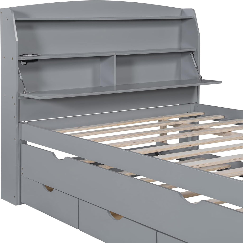 Merax Full Size Bed Frame with Flip-Up Storage Headboard, Gray Full Bed with 3 Drawers and Trundle, Wooden Bed Frame Full a Set of Sockets & USB Ports, No Box Spring Needed