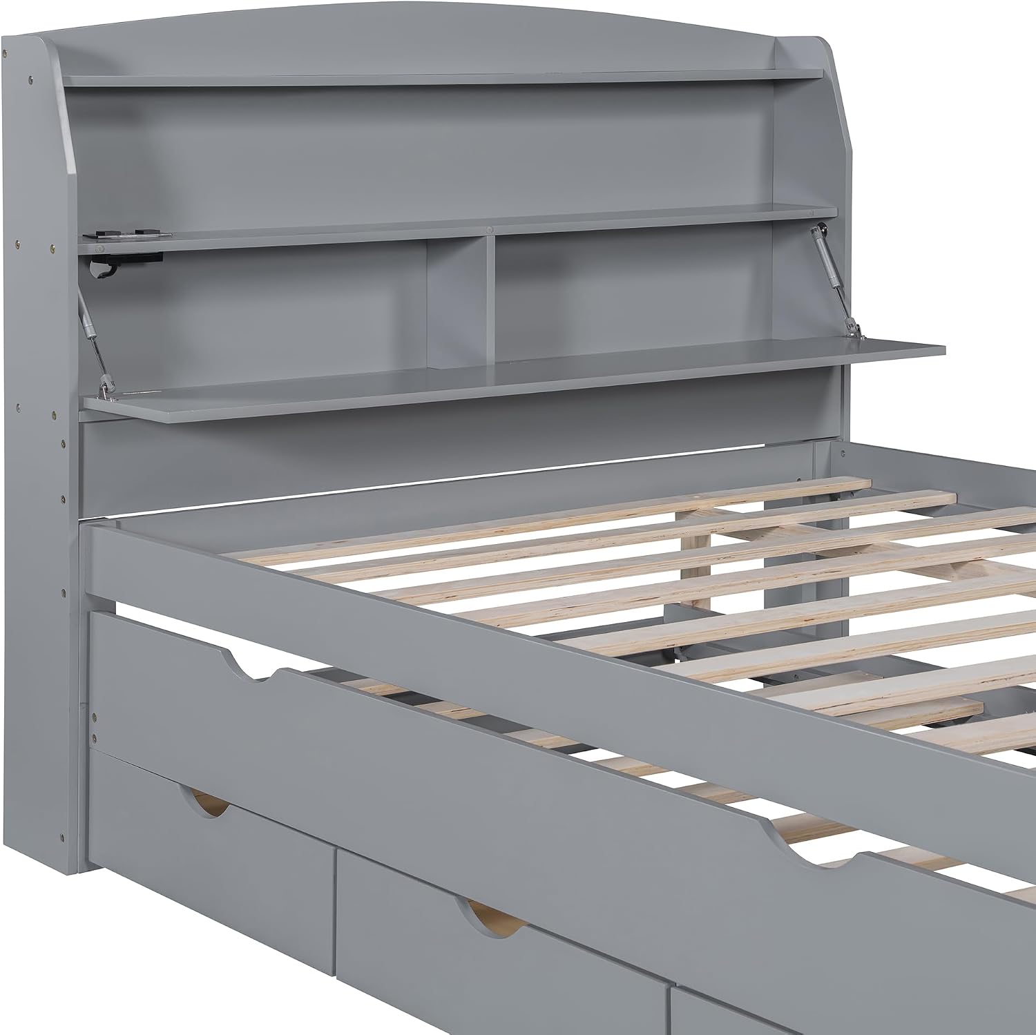 Merax Full Size Bed Frame with Flip-Up Storage Headboard, Gray Full Bed with 3 Drawers and Trundle, Wooden Bed Frame Full a Set of Sockets & USB Ports, No Box Spring Needed