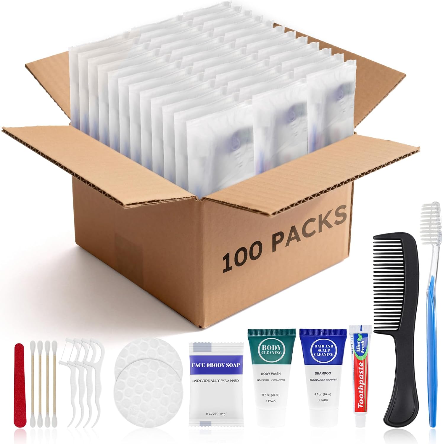 Toiletry Kits Travel Essentials Disposable Hygiene in Bulk, Trial Size Toiletries Supplies Individually Wrapped Traveling Personal Care Items, for Camping, Hotel, Homeless, Charity, 8-in-1 (100-Pack)