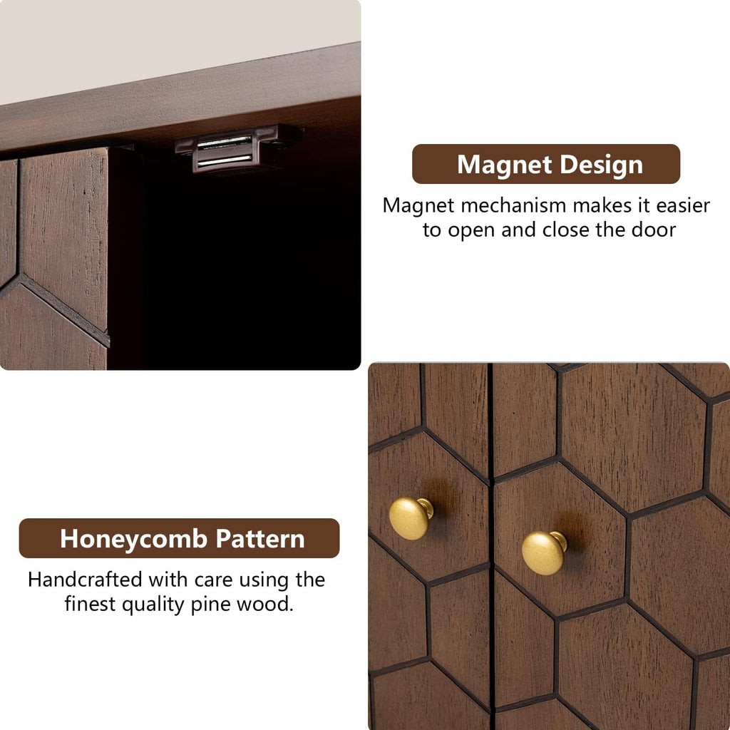COSIEST Set of 3 32' Storage Sideboards with Doors, Accent Cabinets with Magnetic Push-to-Open Doors, Brown Honeycomb Pattern, Entryway Console for Living Room, Kitchen, Hallway