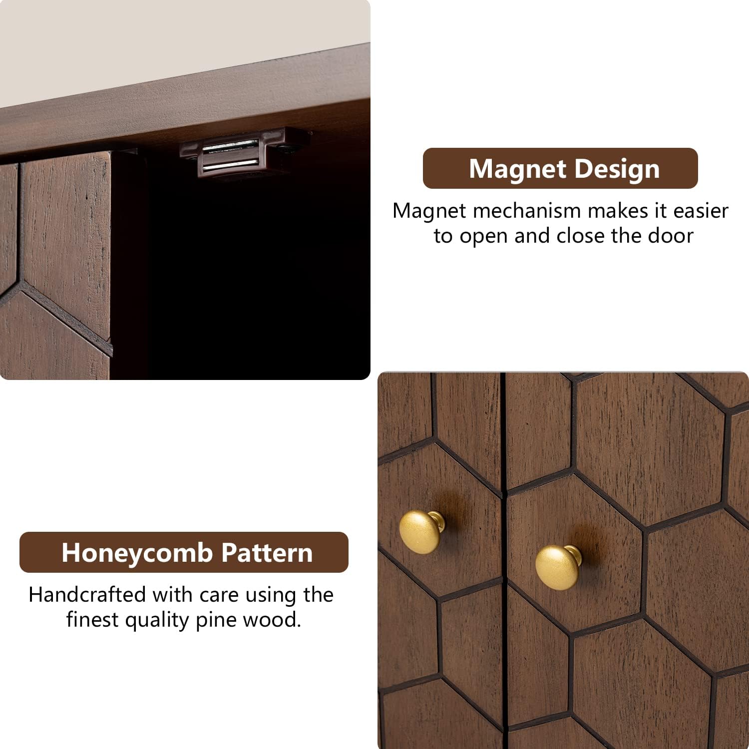 COSIEST Set of 3 32' Storage Sideboards with Doors, Accent Cabinets with Magnetic Push-to-Open Doors, Brown Honeycomb Pattern, Entryway Console for Living Room, Kitchen, Hallway