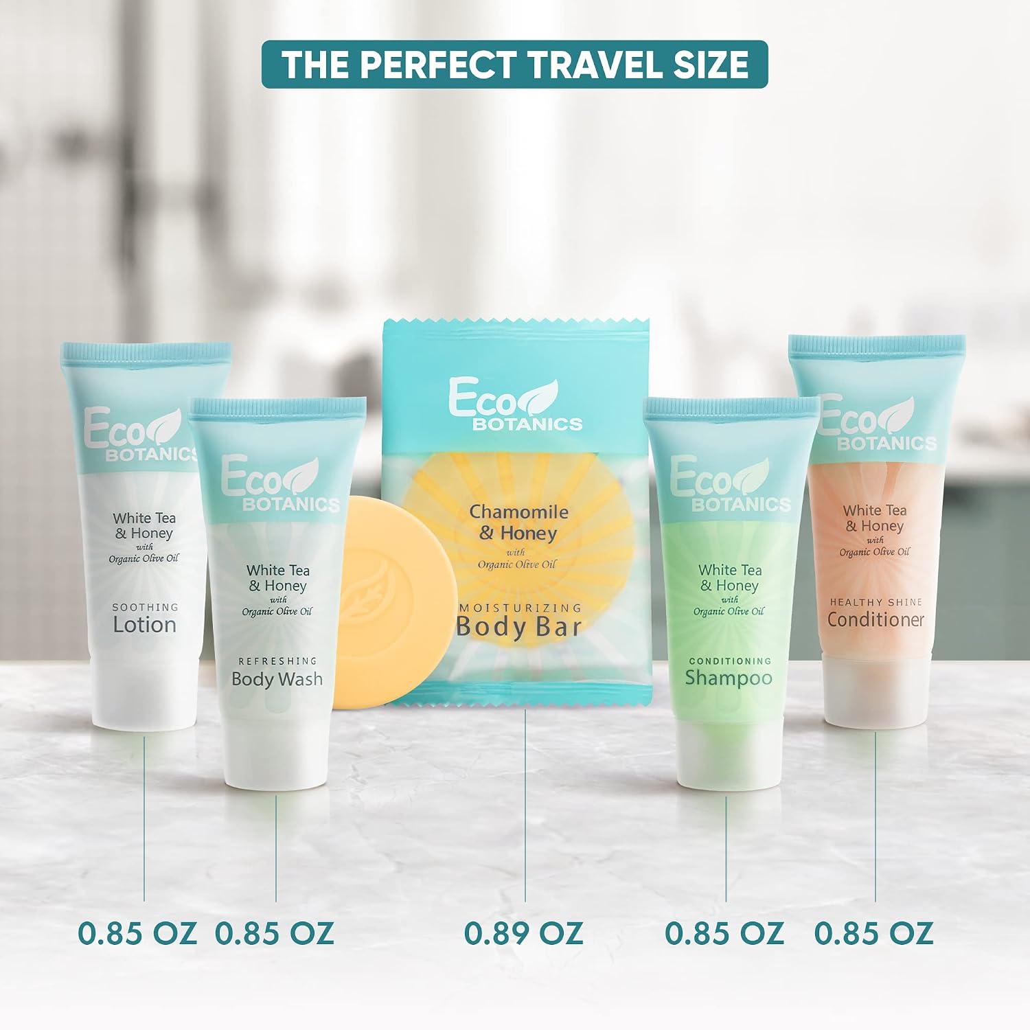 Travel Size Hotel Toiletry Set 150 Count 0.85 oz Bottles Guest Amenities for Vacation Rentals and Short Term Rentals Paraben Free White Tea Scent Infused with Aloe and Olive Oil by Eco Botanics