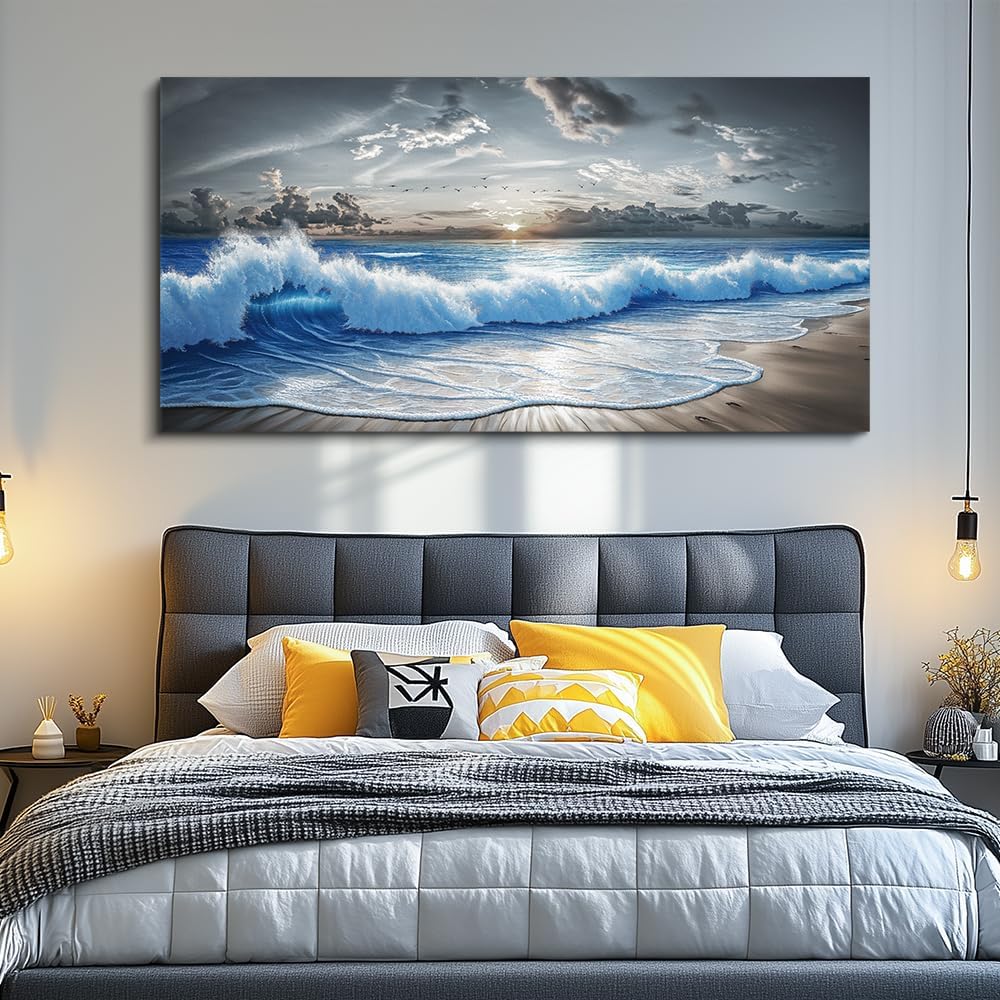 PHAOHUAXM Large Canvas Printed Artworks Mural Wall Decor For Living Room Wall Art For Bedroom Office Decor Black White And Blue Ocean Wave Landscape Painting Modern Home Decor Ready To Hang 30'X60'