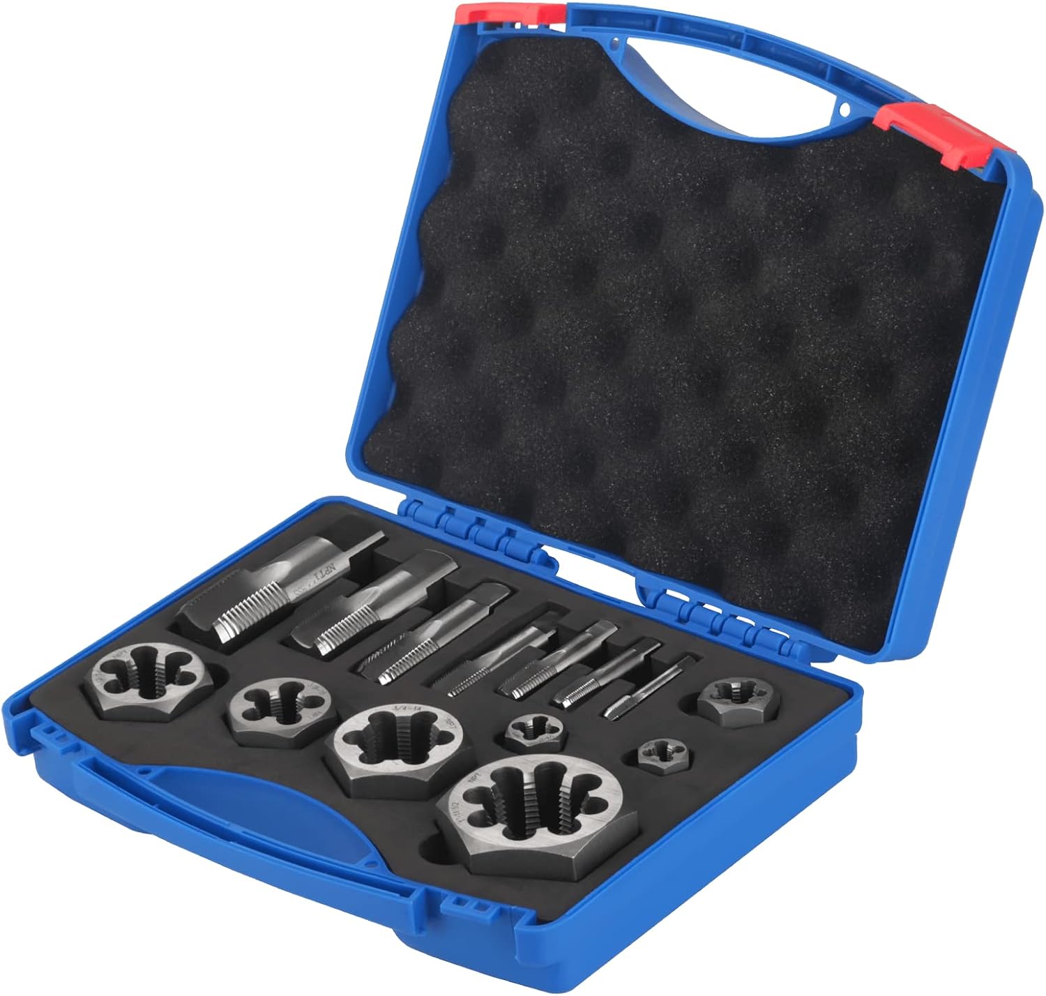 NPT Pipe Tap and Die Set 1/16', 1/8', 1/4', 3/8', 1/2', 3/4' and 1', Rethreading High Speed Steel Taper Taps and GCr15 Carbon Steel Hex Dies (NPT-14 Pcs)
