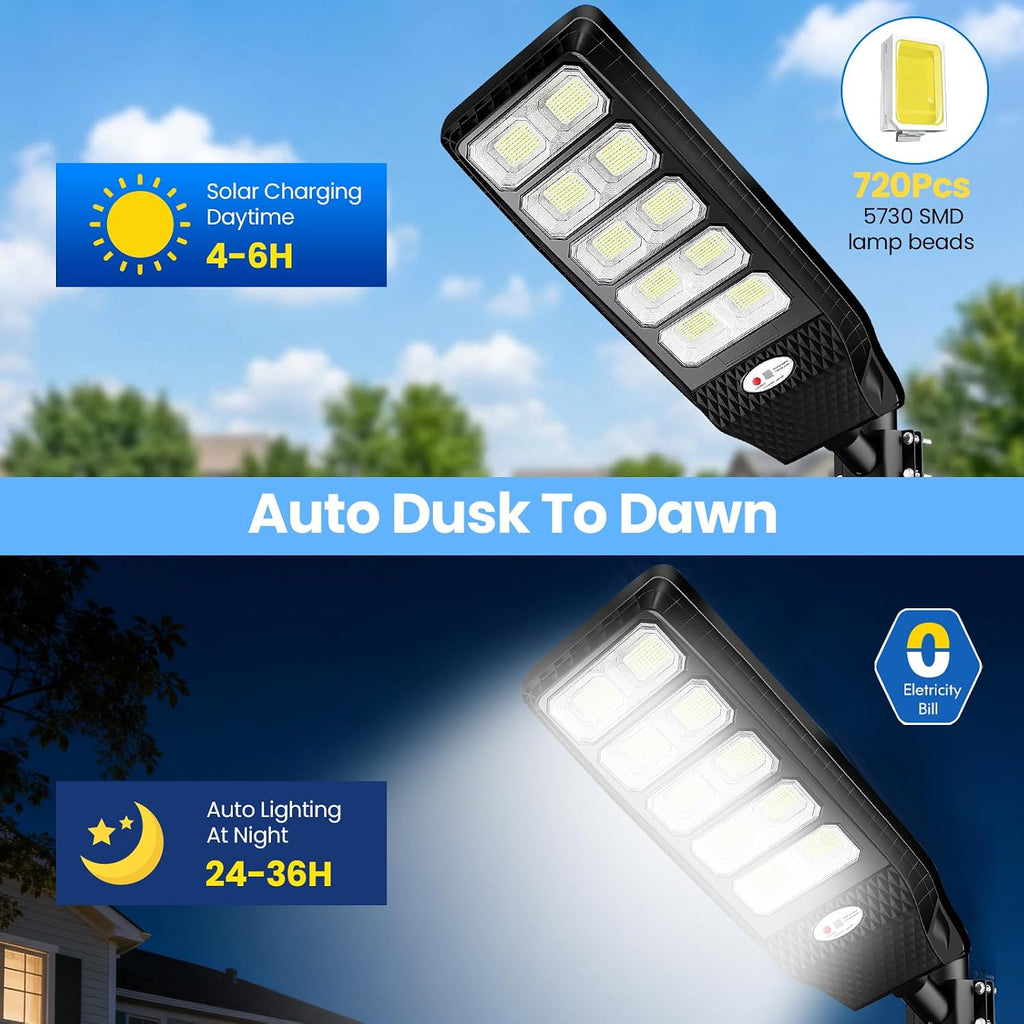 JWT 2 Pack 27' Large Solar Street Lights Outdoor Waterproof - Solar Powered Security Parking Lot Light Dusk to Dawn,Motion Sensor Commercial LED Solar Flood Lights Remote Control for Outside Yard