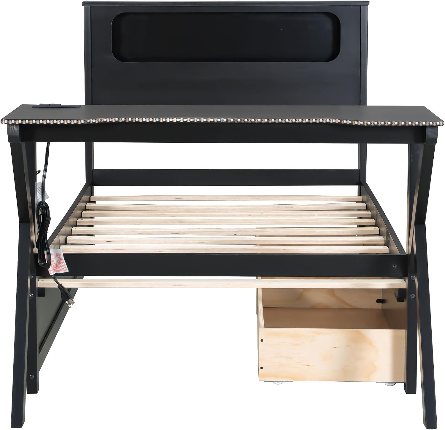 JIVOIT Twin Size Wooden Gaming Platform Bed with Desk, Two Storage Drawers, Headboard, Wood Slats Support, No Spring Box Needed
