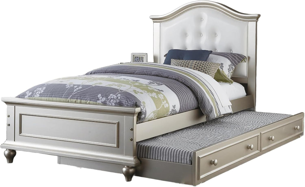 GOWE Contemporary Style Silver Twin Size Bed w/Trundle Slats Pine Plywood Kids Youth Bedroom Furniture White Faux Leather Tufted HB