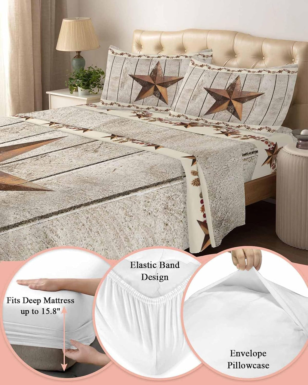 Western Texas Star Retro Cal King Sheet Set 4 Piece Bedding - Country Farmhouse Gray Wood Grain Breathable Comfy Cooling Bed Sheets & Pillowcase Sets, Hotel Flat Sheets Deep Pockets Fitted Sheet