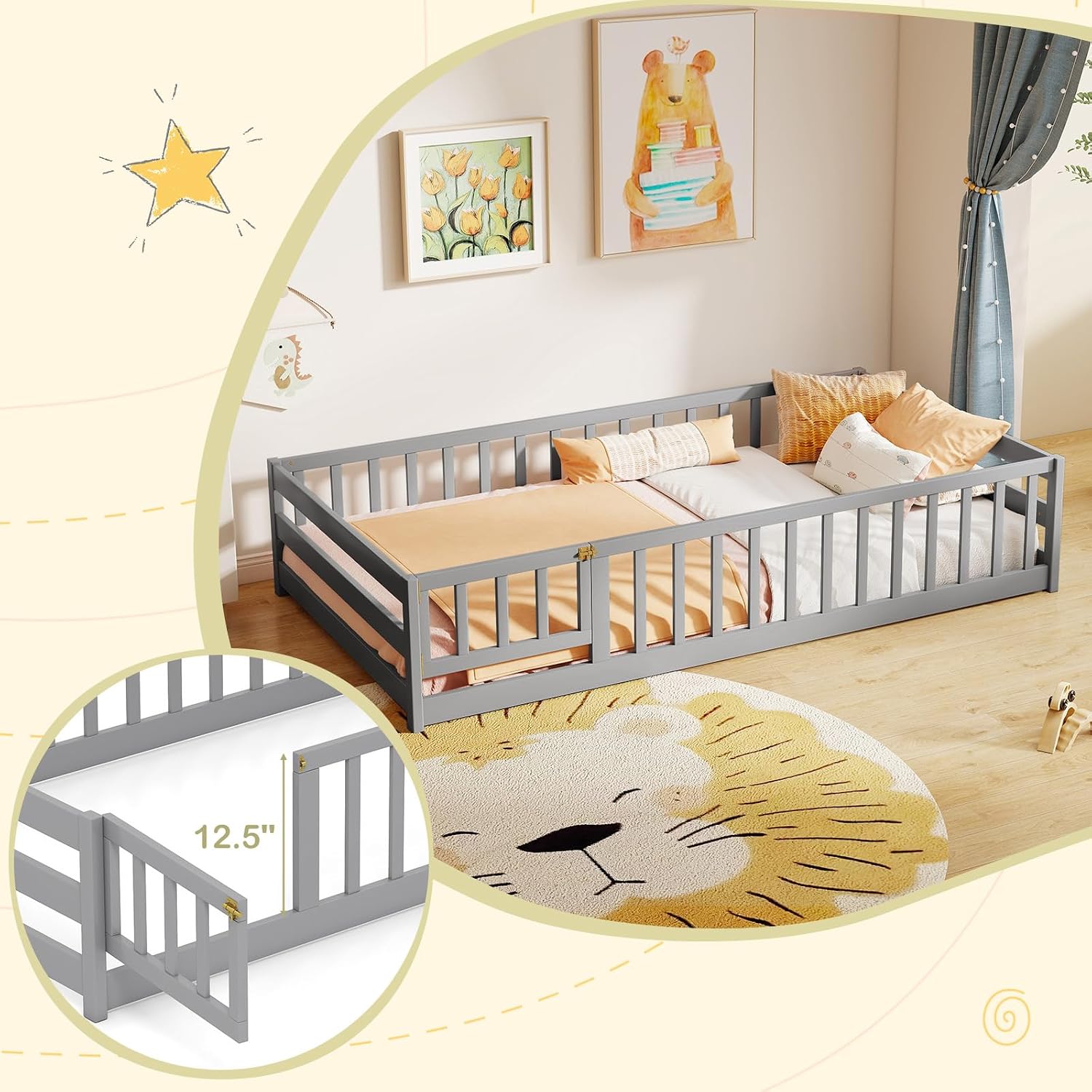 BECOMFORT Twin Floor Bed for Kids, Kids Twin Floor Bed Frame with Door, Latch & Safety Guardrails, Montessori Bed for Boys Girls