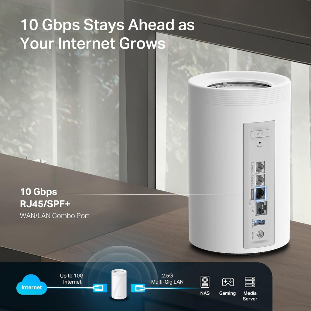 TP-Link Deco 7 Pro BE17000 Tri-Band Wi-Fi 7 Whole Home Mesh System | 9-Stream 17Gbps | 10G RJ45/SFP+ Combo | Multi-Gig Wired Backhaul | Up to 6,300 Sq.ft | HomeShield, MLO, 320 MHz (Deco BE77 2-Pack)