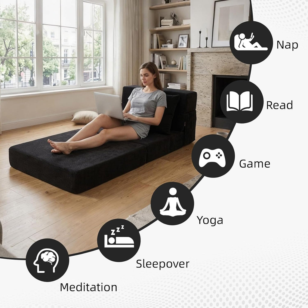 Folding Sofa Bed,Convertible Sleeper Chair with Pillow, Loveseat Fold Out Chair Bed, Memory Foam Floor Couch Mattress, Foldable Futon Couch Lounge for Living Room(Black-Corduroy, Twin XL)
