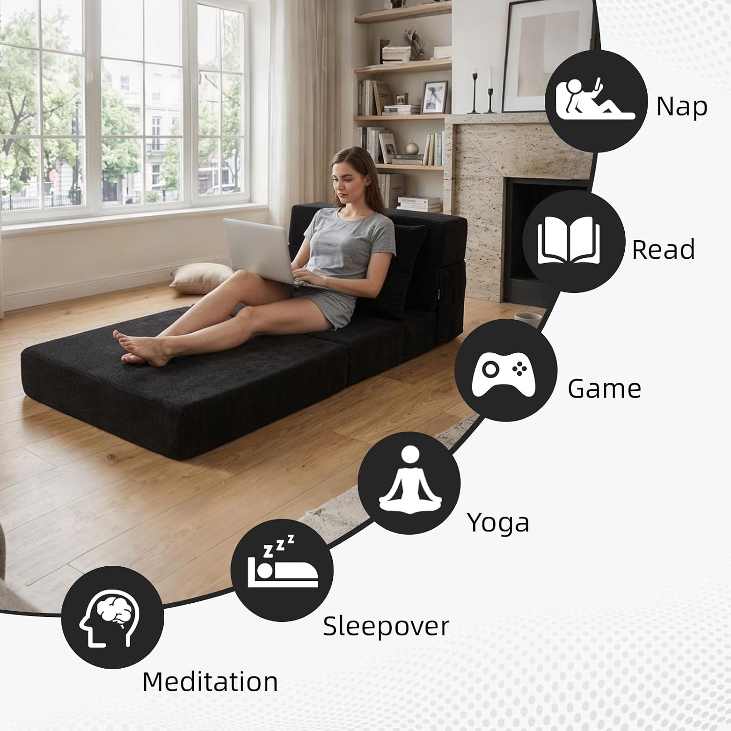 Folding Sofa Bed,Convertible Sleeper Chair with Pillow, Loveseat Fold Out Chair Bed, Memory Foam Floor Couch Mattress, Foldable Futon Couch Lounge for Living Room(Black-Corduroy, Twin XL)