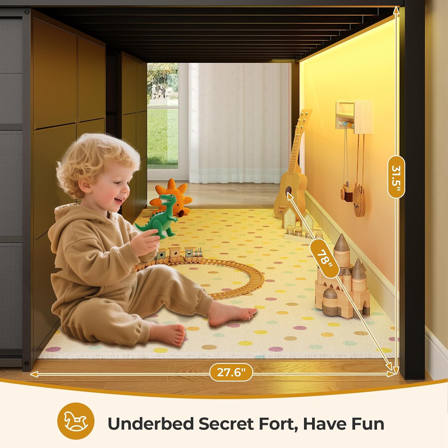 ADORNEVE Low Loft Bed Twin Size with 8 Storage Drawers, Twin Loft Bed with Bookcase and LED Lights, Metal Kids Loft Bed with 14' H Safety Guardrail, Under-Bed Play Space, No Box Spring Needed, Natural