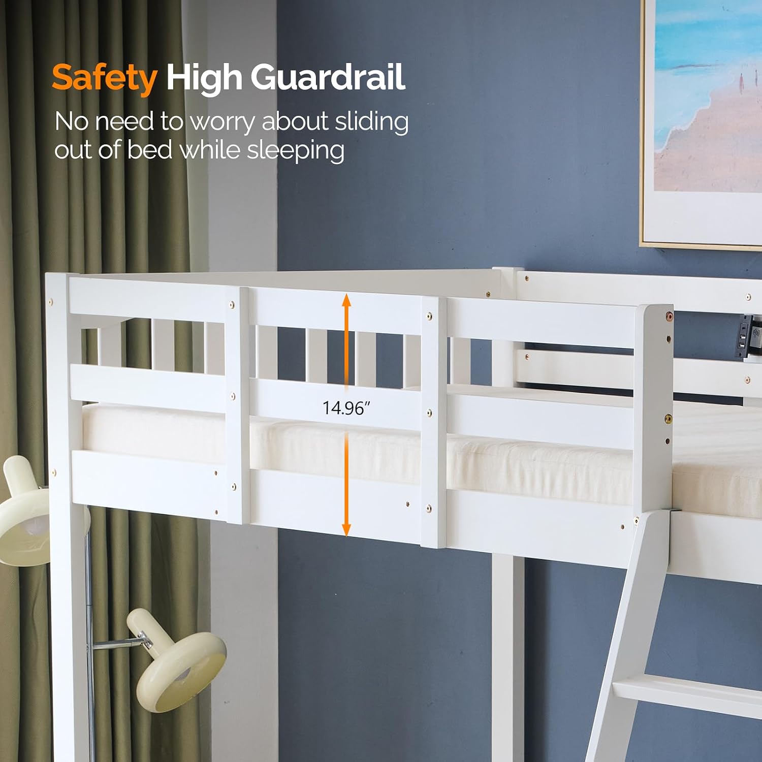 VINGLI Loft Bed Twin Size with USB Charging Station/LED, Solid Wood Single Loft Bunk Bed with Flat Rungs for Kids/Teens/Adults, 15 inches High Guardrail,Wood Slat Support No Box Spring Needed, White