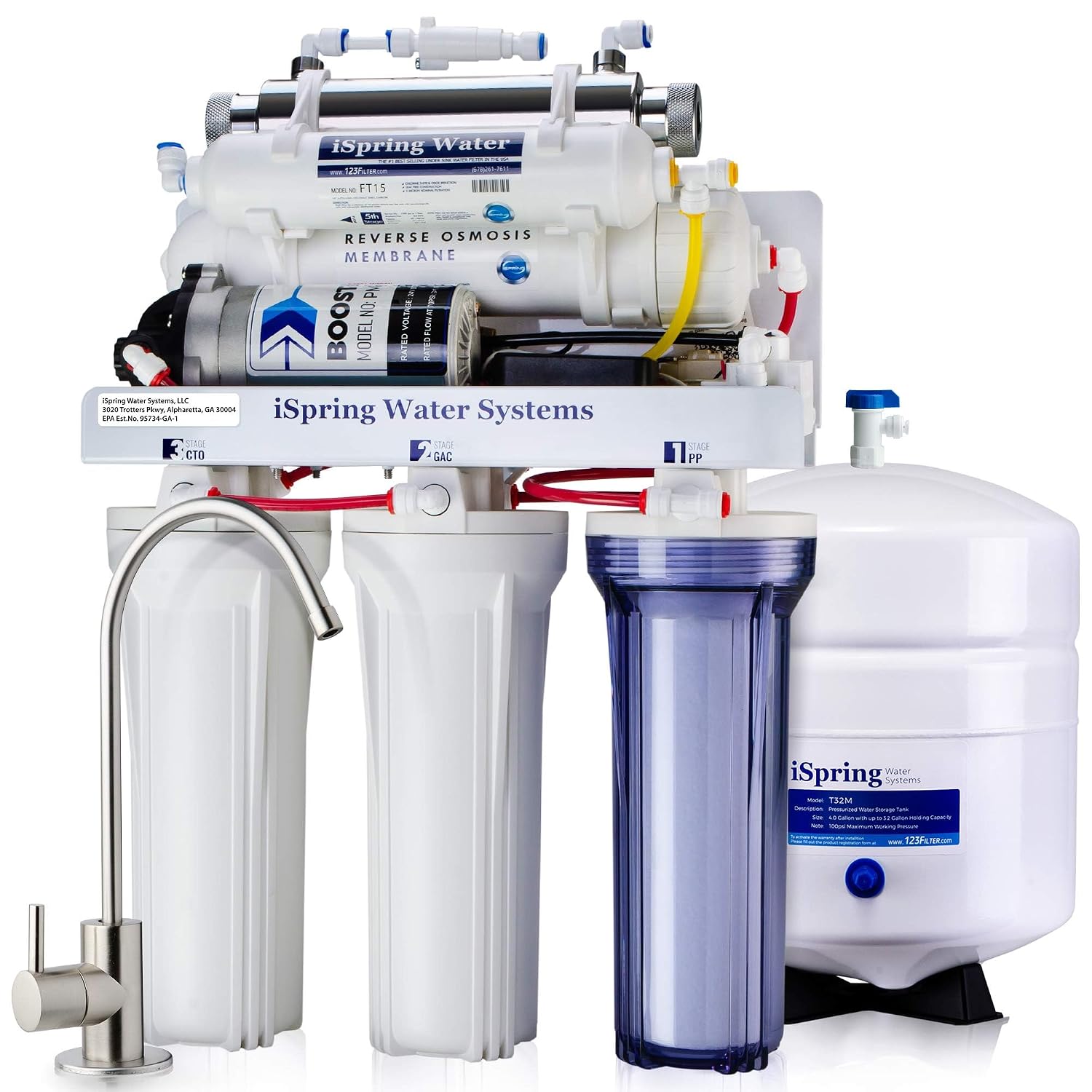 iSpring RCC1UP 6-Stage 100 GPD Under Sink Reverse Osmosis Drinking Water Filtration System with Booster Pump and UV Ultraviolet Filter, Patented Top-Mounted Faucet Design for Easy Installation