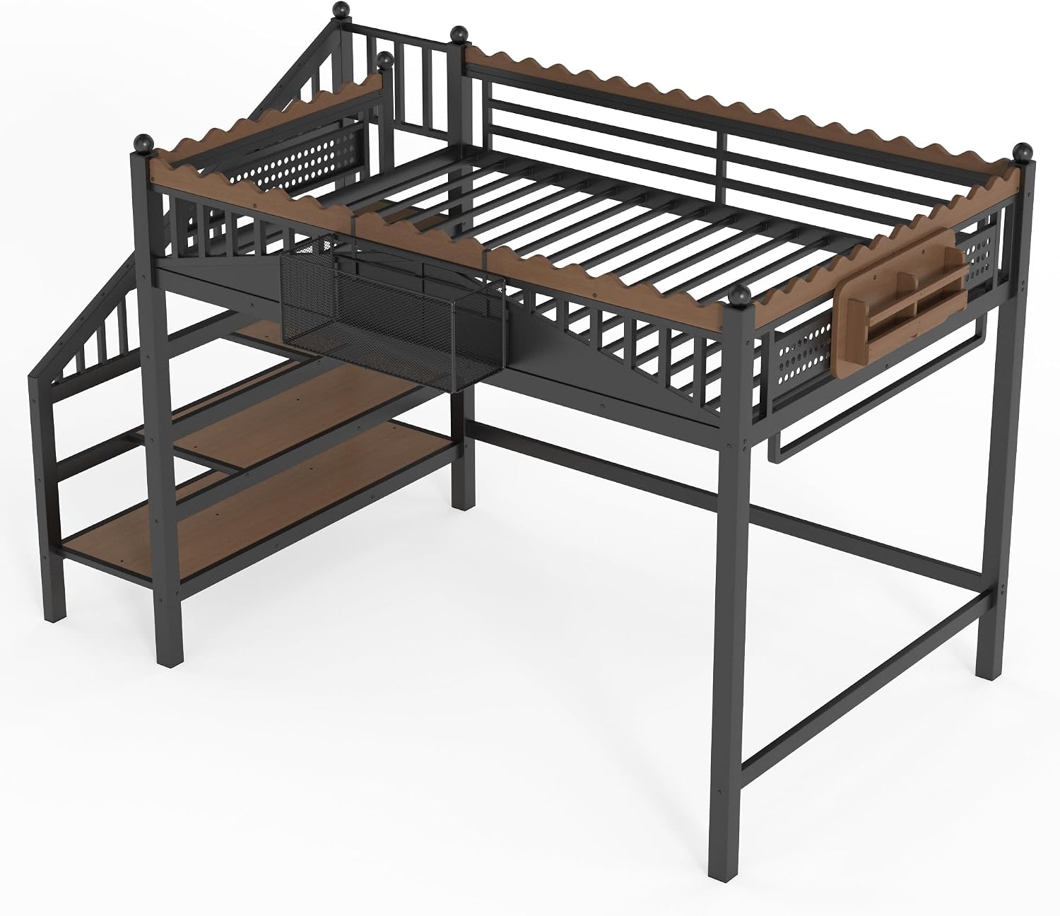 JIVOIT Full Size Metal Loft Bed Frame, Space-Saving Loft Bed with Storage Stairs, Storage Shelves and Bookshelf, Strong Support Slats, Perfect for Bedroom, Guest, Dorms