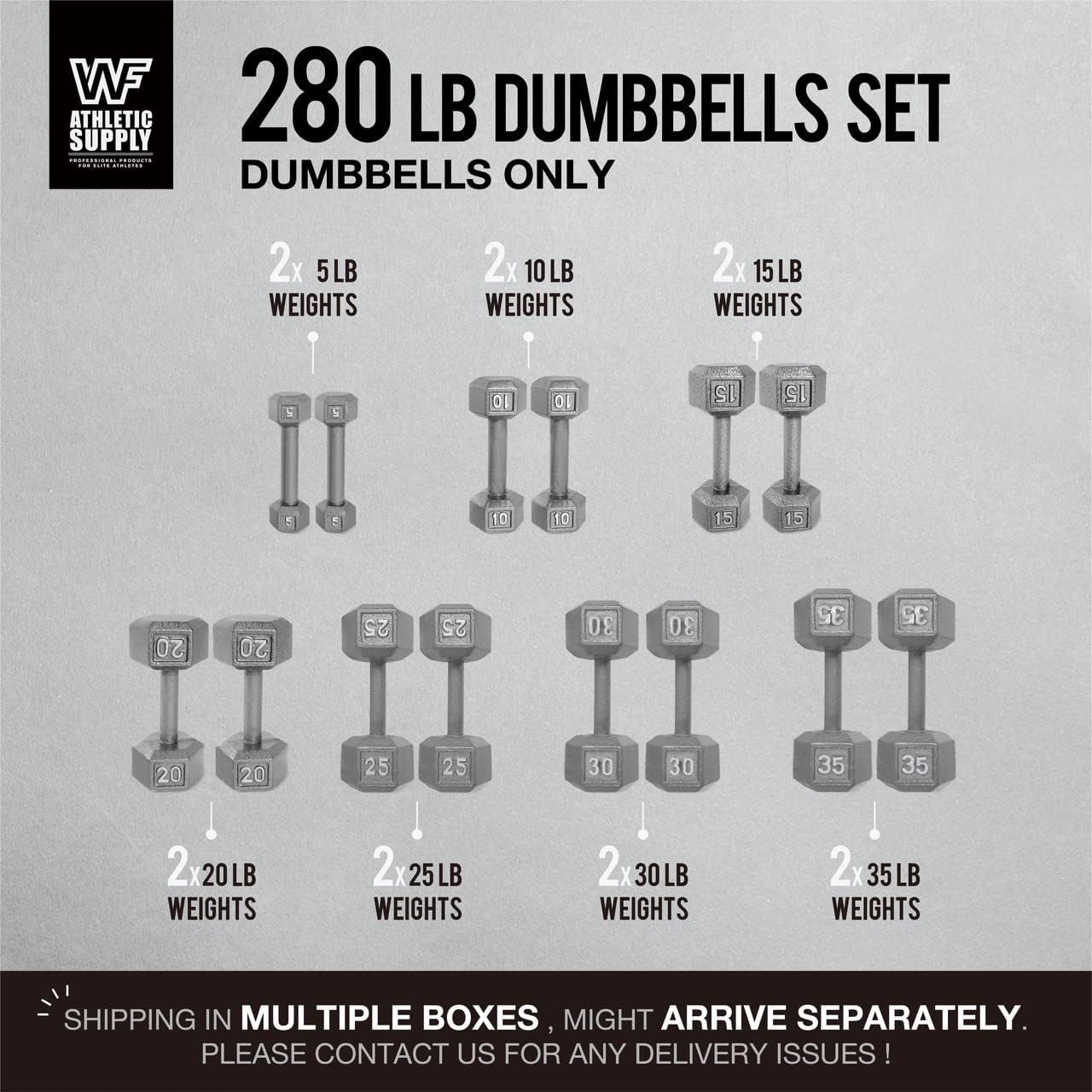 WF Athletic Supply Cast Iron Dumbbell Set, Solid Hexagon Grey Dumbbell Set, Strength Training Free Weights for Women & Men