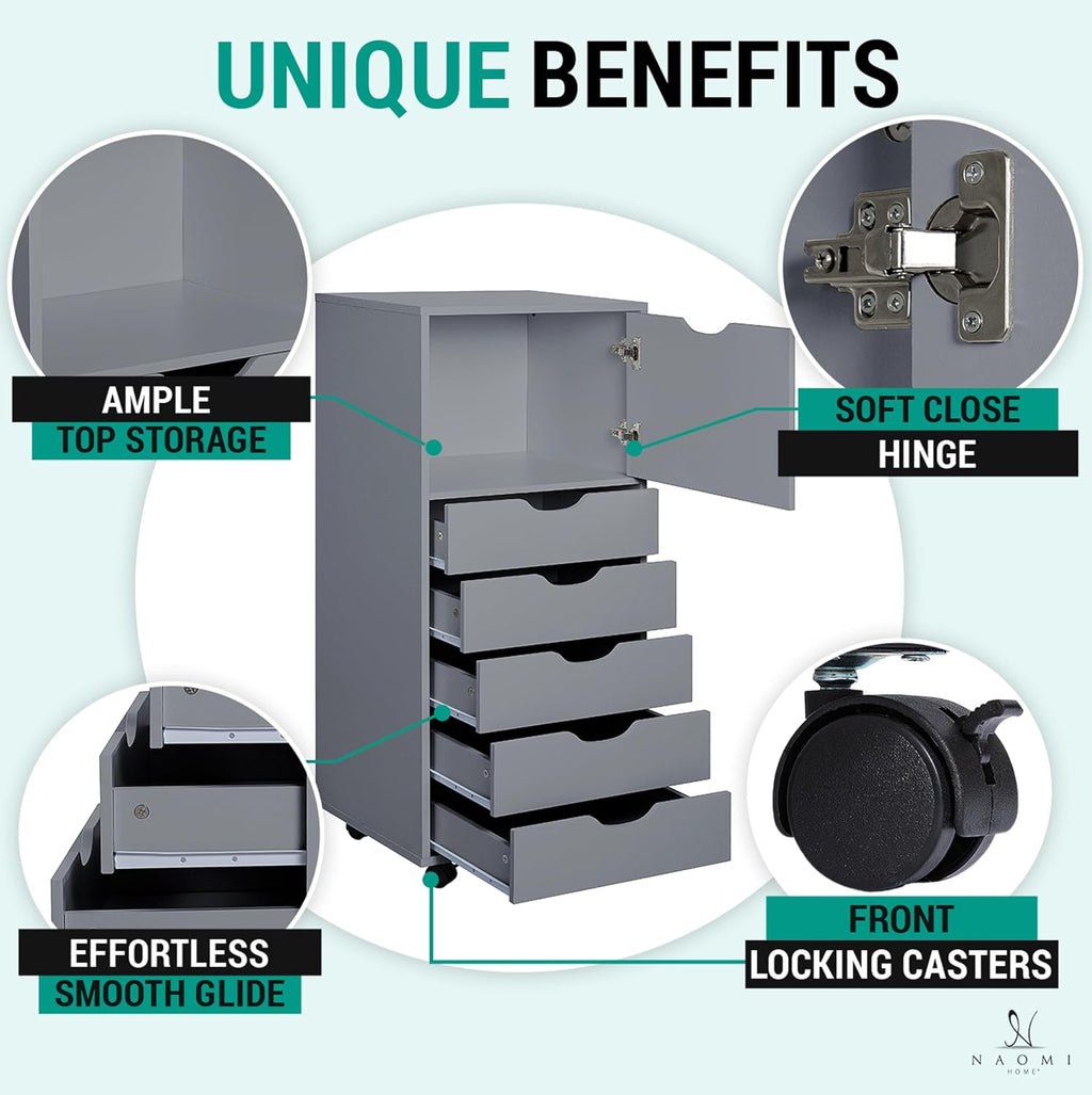 Naomi Home 5 Drawer + 1 Cabinet Storage Organizer, Modern Mobile Cabinet for Home & Everyday Storage