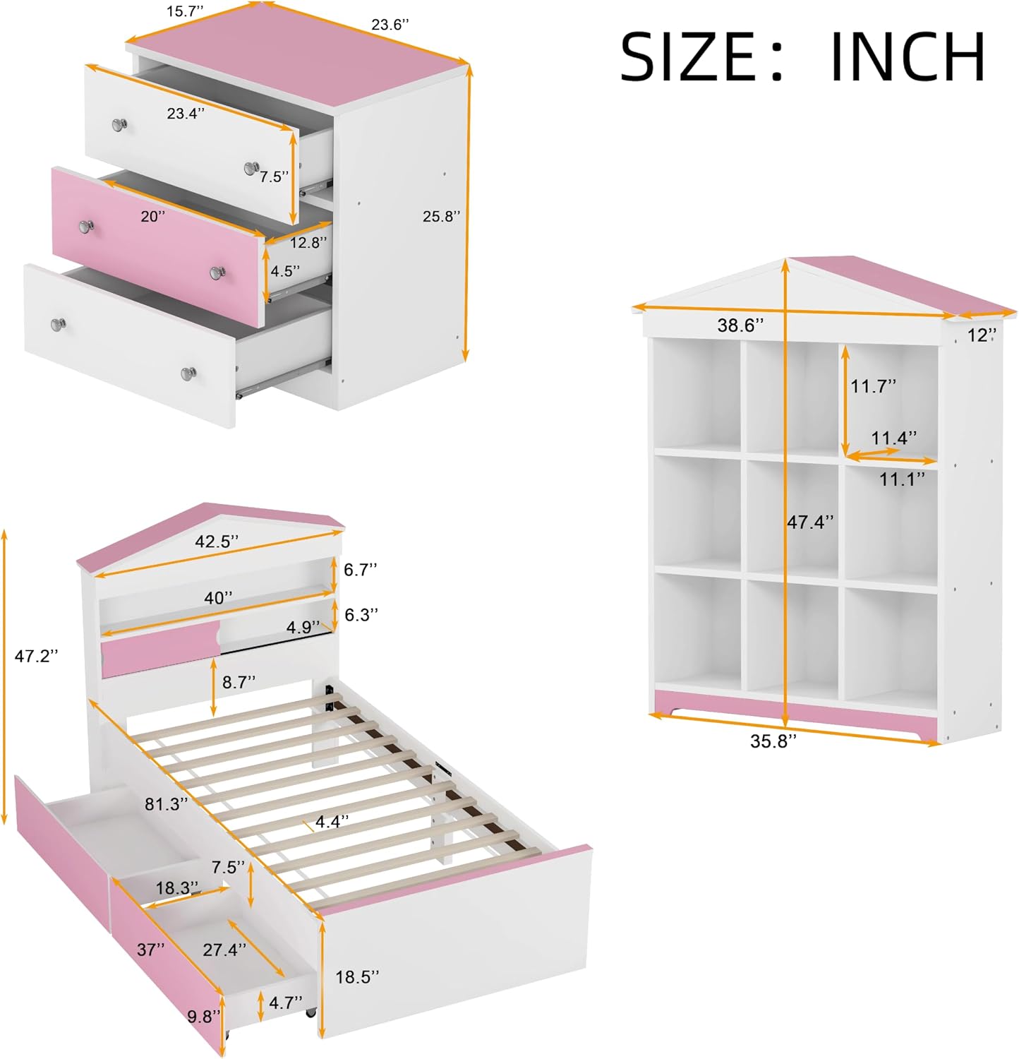3 Pcs Bedroom Sets, Twin Size House Shaped Wooden Bed with Storage Drawers, Nightstand with Colorblock Design and House Shaped Stroage Rack, Pink+White