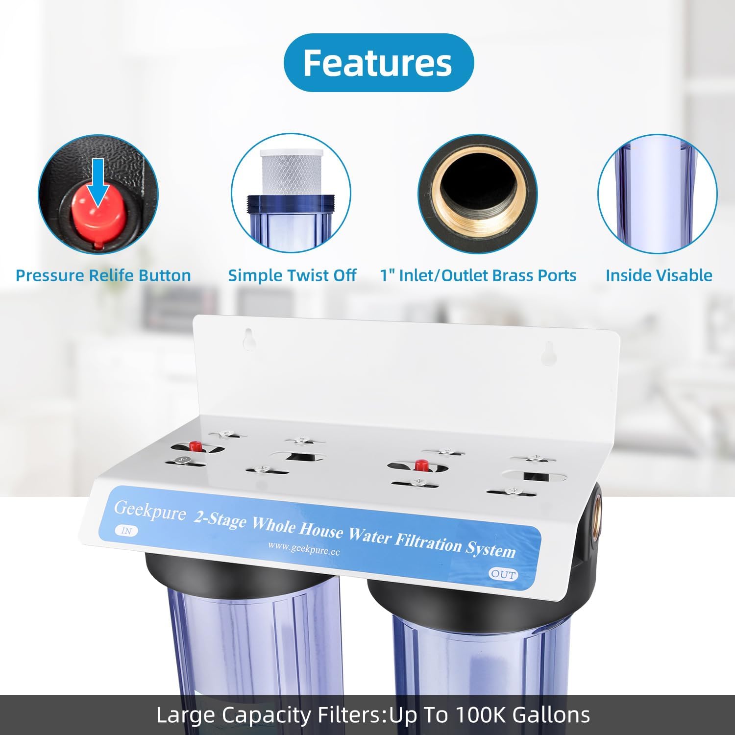 Geekpure 2 Stage Whole House Water Filter System with 10-Inch Big Clear Housing PP and Carbon Filters-1'NPT
