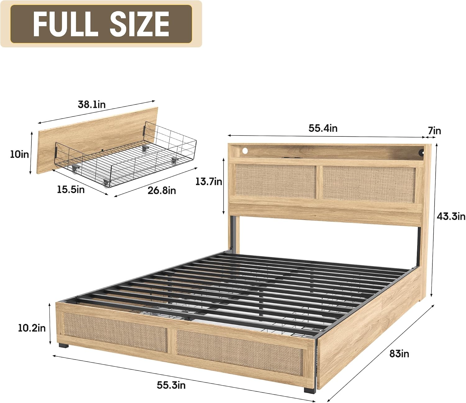 Fameill Full Bed Frame with LED Light and 4 Drawers, Rattan Hidden Storage Headboard, Charging Station, Metal Platform Boho Bed Frame No Box Spring Needed