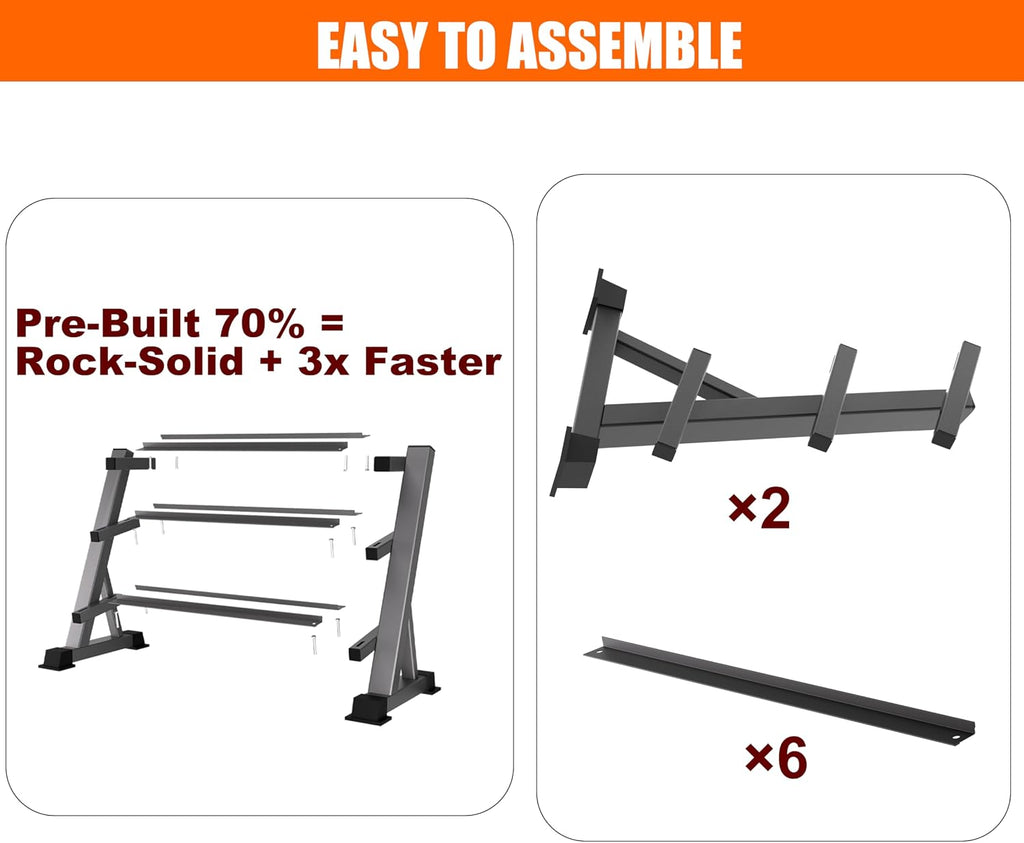 Heavy Duty 3 Tier Dumbbell Rack Stand, 1200LBS Commercial Weight Storage Organizer for Home Gym (Select Frame Type: Kettlebell Flat Tray, All Rails, or Rolling Wheels), Stand Only