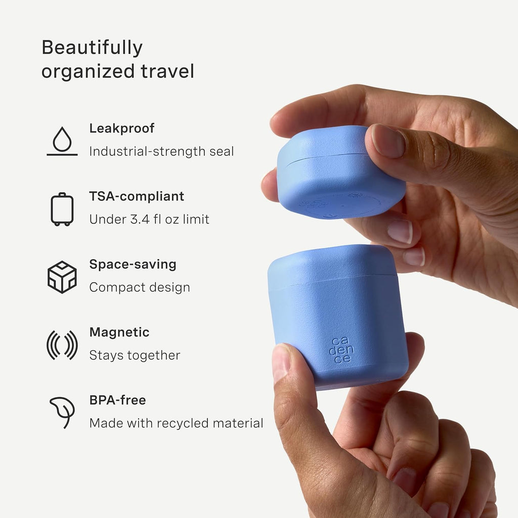 Cadence Travel Containers - Daily Routine Capsule Set - Magnetic Containers with Lids,4 Flex Mediums (1.32oz) & 3 Flex Smalls (0.56oz) - Shampoo, Conditioner, Body Wash, Pills, & More - Pacific