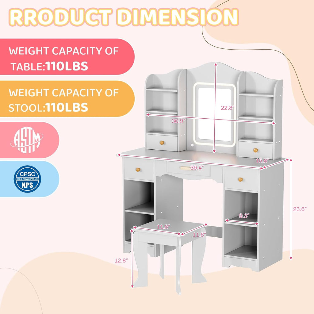 Arlopu Kids Vanity with 3-Color Lights, Girls Vanity Set w/Large Storage, Mirror ＆ Stool, 2 in 1 Princess Wooden Pretend Play Makeup Desk, Dressing Table and Chair, Open Shelves, Drawer (Grey)