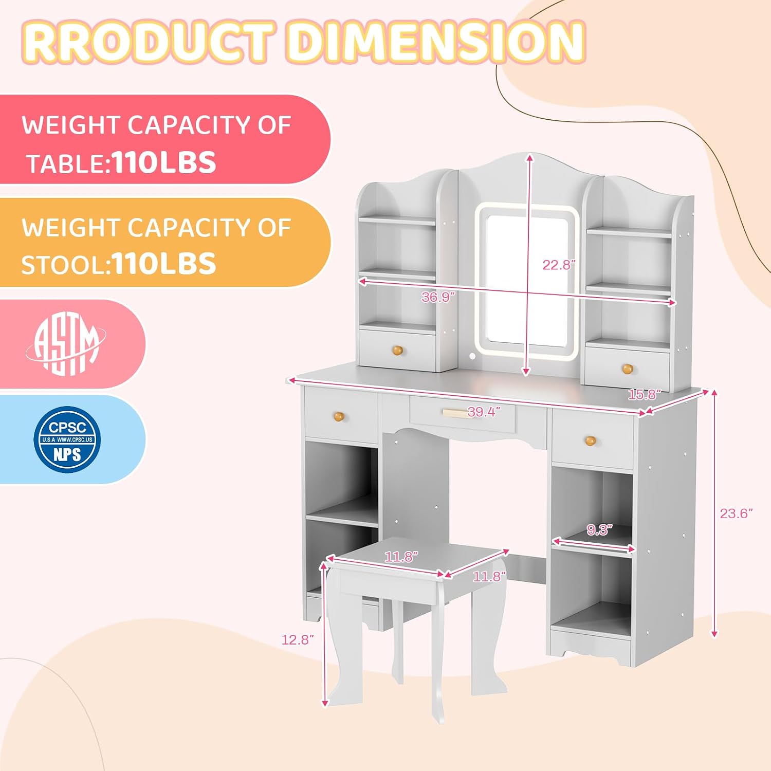 Arlopu Kids Vanity with 3-Color Lights, Girls Vanity Set w/Large Storage, Mirror ＆ Stool, 2 in 1 Princess Wooden Pretend Play Makeup Desk, Dressing Table and Chair, Open Shelves, Drawer (Grey)