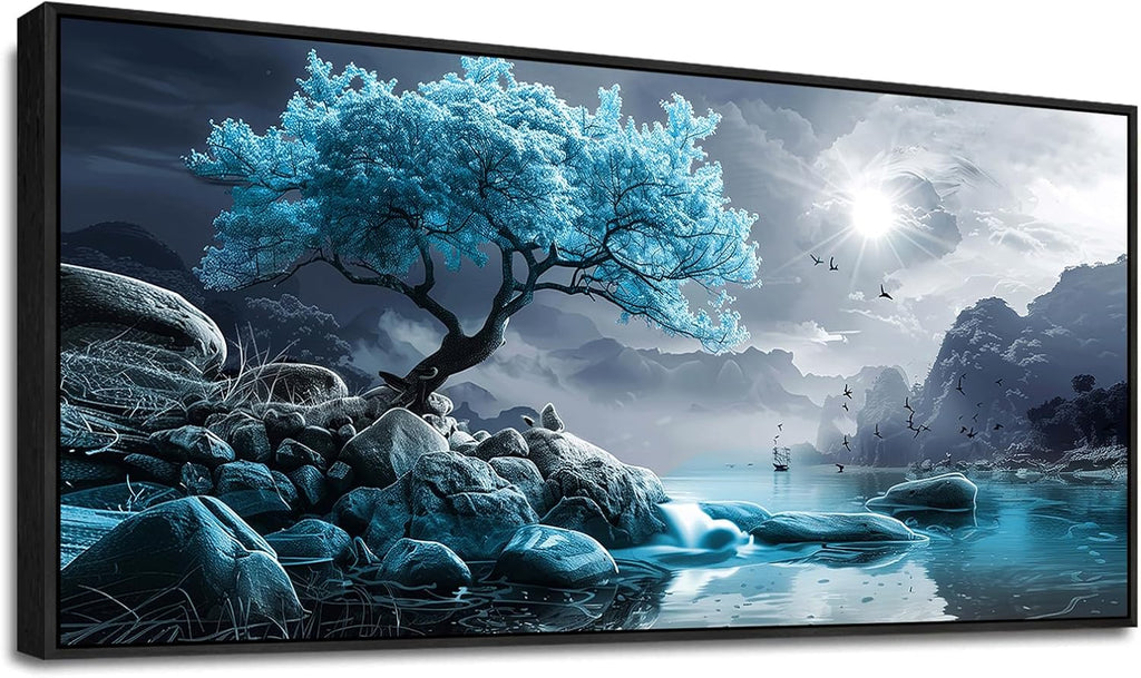 KELIYUAN Large Canvas Wall Decor Bedroom Blue Tree Landscape Wall Paintings Wall Art For Living Room Black And White Pictures Office Mural Framed Prints Artwork Modern Home Decor Aesthetics 32'X72'