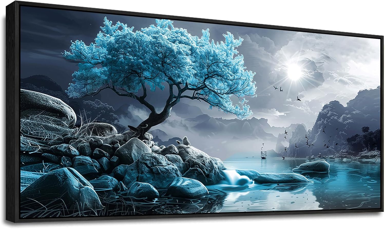 KELIYUAN Large Canvas Wall Decor Bedroom Blue Tree Landscape Wall Paintings Wall Art For Living Room Black And White Pictures Office Mural Framed Prints Artwork Modern Home Decor Aesthetics 32'X72'