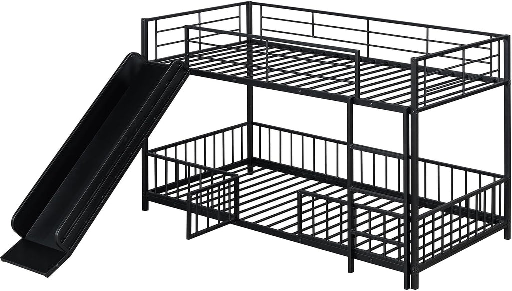 JIVOIT Metal Bunk Bed Frame with Slide and Ladder, Twin Over Twin Size Bunk Bed with Metal Slats Support, Heavy Duty Metal Low Bunk Bed, No Box Spring Needed (Black,Twin,09)