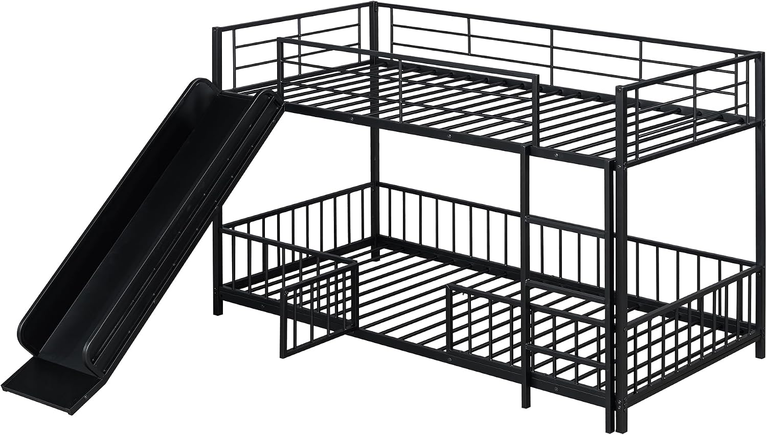 JIVOIT Metal Bunk Bed Frame with Slide and Ladder, Twin Over Twin Size Bunk Bed with Metal Slats Support, Heavy Duty Metal Low Bunk Bed, No Box Spring Needed (Black,Twin,09)