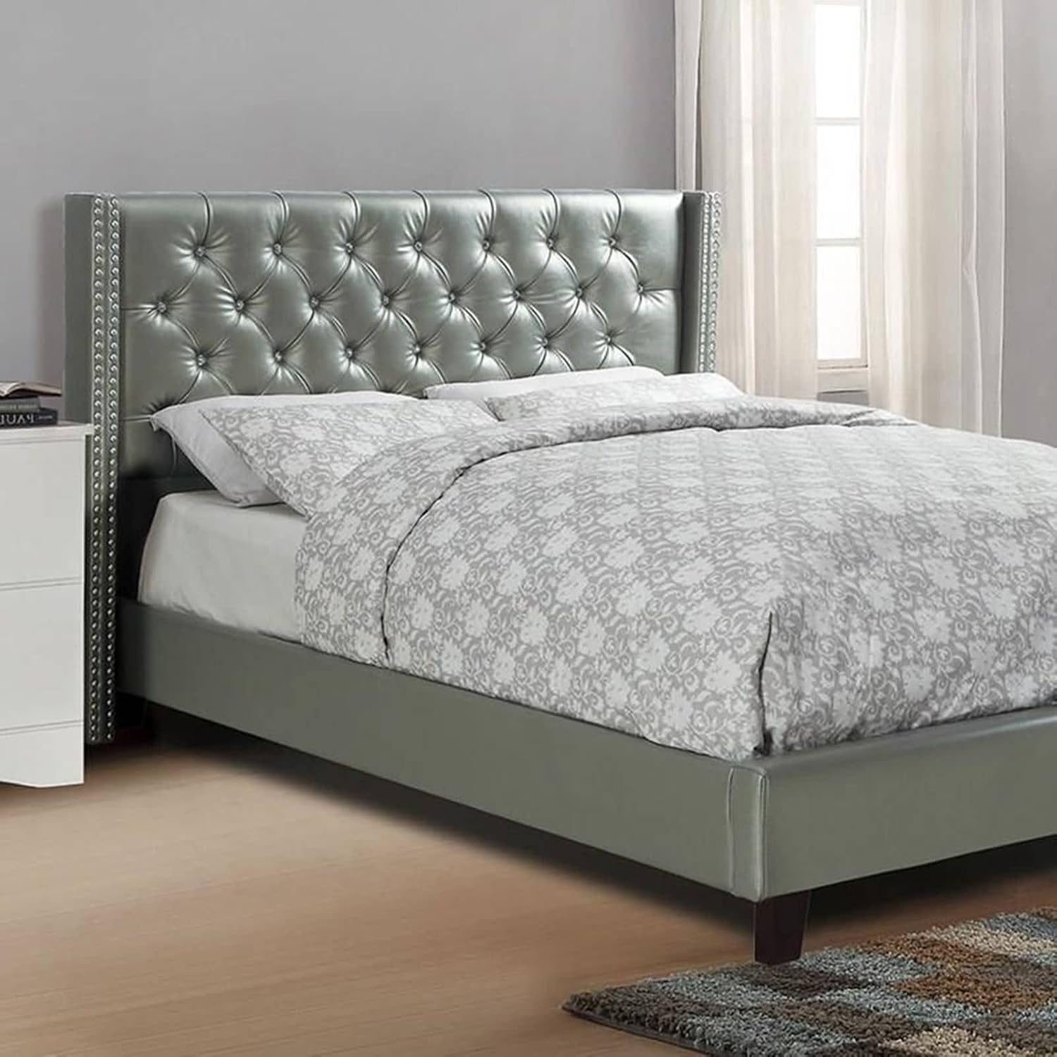 Full Bed Frame No Box Spring Needed | Full Size Bed 1Pc Bed Set Silver Faux Leather Upholstered Tufted Bed Frame Headboard Bedroom Furniture