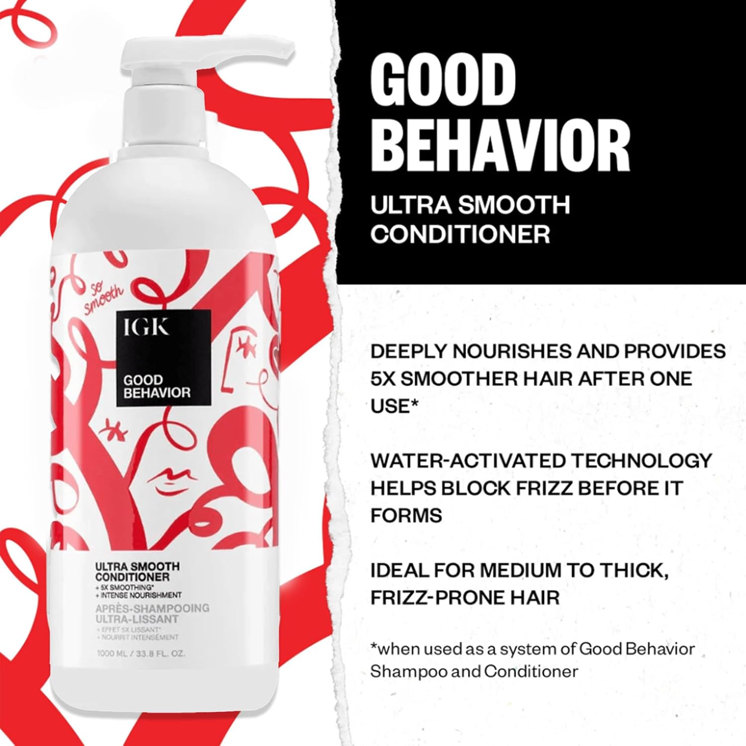 IGK GOOD BEHAVIOR Ultra Smooth Shampoo & Conditioner Set | Frizz Control + Shine | Vegan + Cruelty-Free | 33.8 oz (Pack of 2)