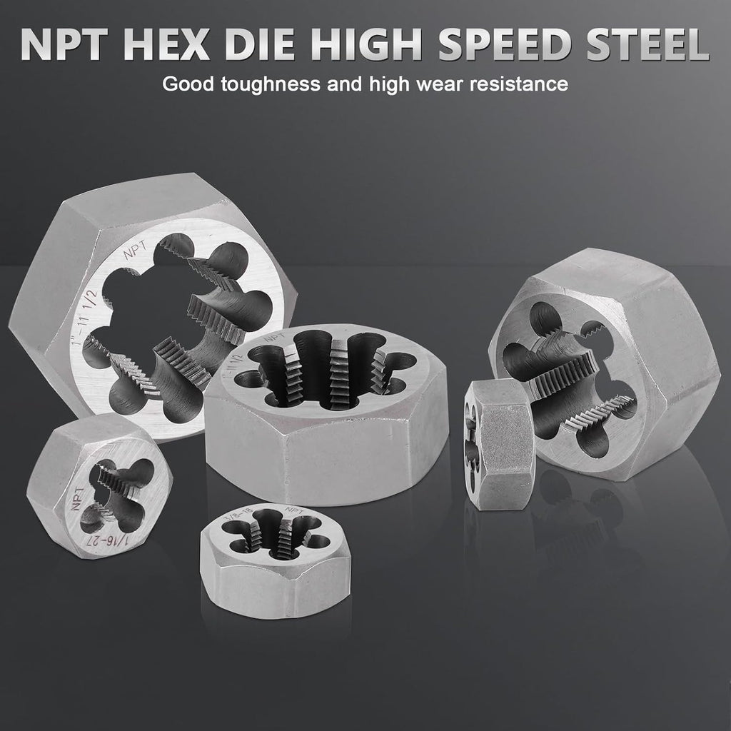 NPT Pipe Tap and Die Set, Hex Die Set 1/16', 1/8', 1/4', 3/8', 1/2', 3/4' and 1', 15pcs High Speed Steel Taps & Dies with Storage Case
