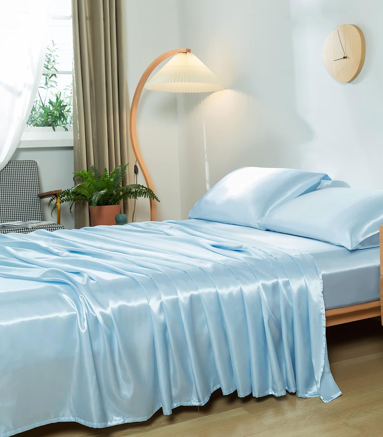 Twin Size 4-Piece Sheet Set Premium Mulberry Silk Bed Sheets Set Fits 14-16' Deep Pocket - Luxurious Soft Silk (Solid, Light Blue)