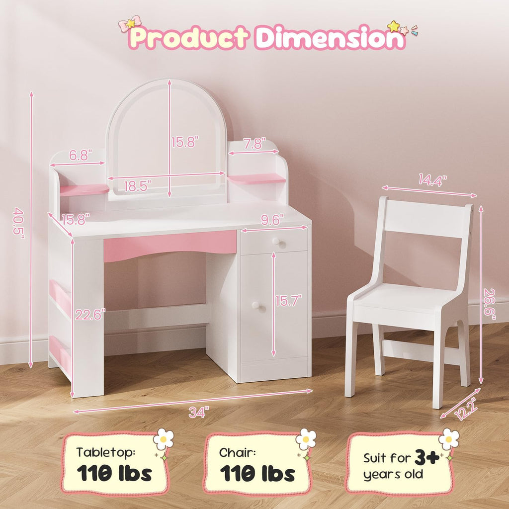 Teckid Kids Vanity Set with Chair and Lights, 2 in 1 Princess Makeup Desk, Toddler Vanity Table with Lighted Mirror, Open Bookshelf, Shelves, Drawers and Storage Cabinet for Little Girls (White)