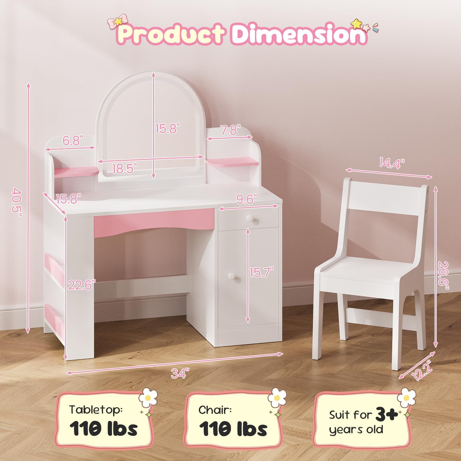 Teckid Kids Vanity Set with Chair and Lights, 2 in 1 Princess Makeup Desk, Toddler Vanity Table with Lighted Mirror, Open Bookshelf, Shelves, Drawers and Storage Cabinet for Little Girls (White)