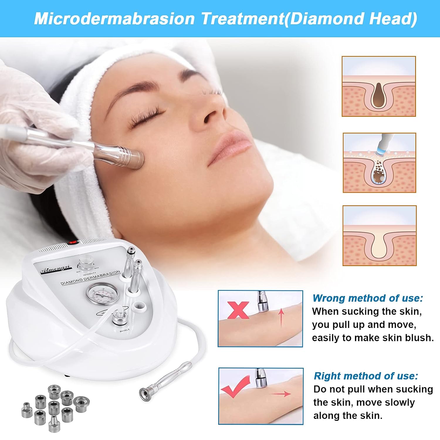 2 in 1 Diamond Microdermabrasion Machine Professional Blackhead Removal Equipment, 65-68cmHg Suction Power Professional Dermabrasion Facial Skin Care Massager for Home Salon Use with 300 Cotton Filter