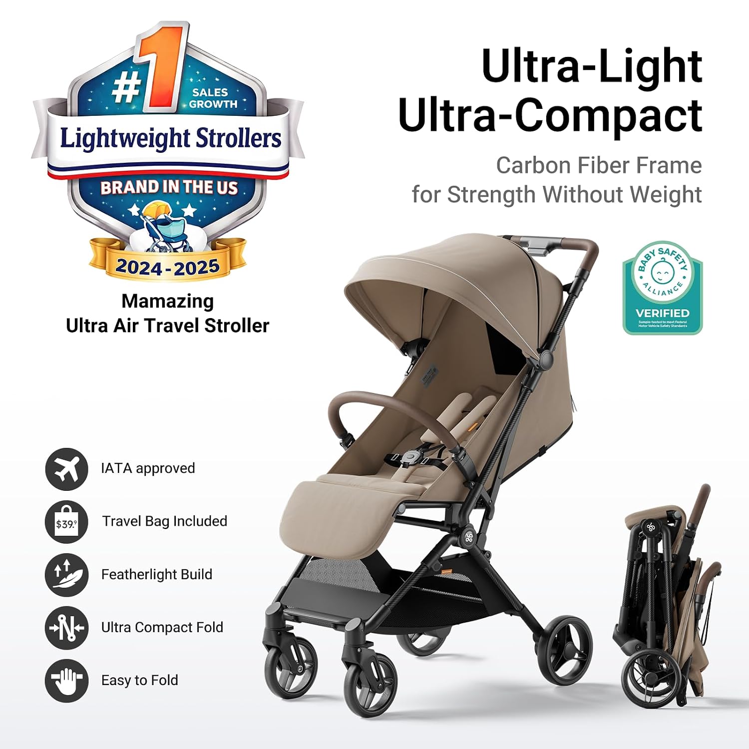 MAMAZING Ultra Air Lightweight Baby Travel Stroller with Carbon Fiber Frame, Compact & Airplane-Friendly, One-Handed Fold, 11.6 lbs, Perfect for Toddlers, Organizer & Cushion Included, Simply Taupe