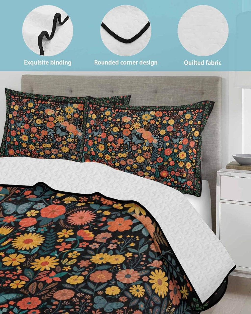 Quilt King Size Bedding Set, Boho Black Flowers Lightweight Summer Quilt 3 Pieces Bedding Sets, Spring Abstract Watercolor Floral Leaf Reversible Soft Bedspreads Coverlets with 2 Pillow Shams