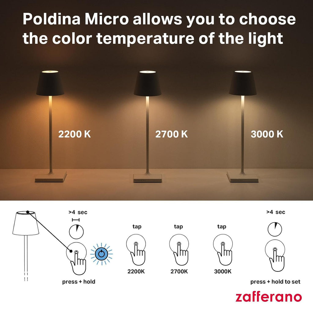 Zafferano, Poldina Micro Lamp, Rechargeable Cordless Table Lamp with Touch Controls, Suitable for Indoor and Outdoor, Dimmer, 2200-3000 K, Height 10.8 Inches, Sand Color