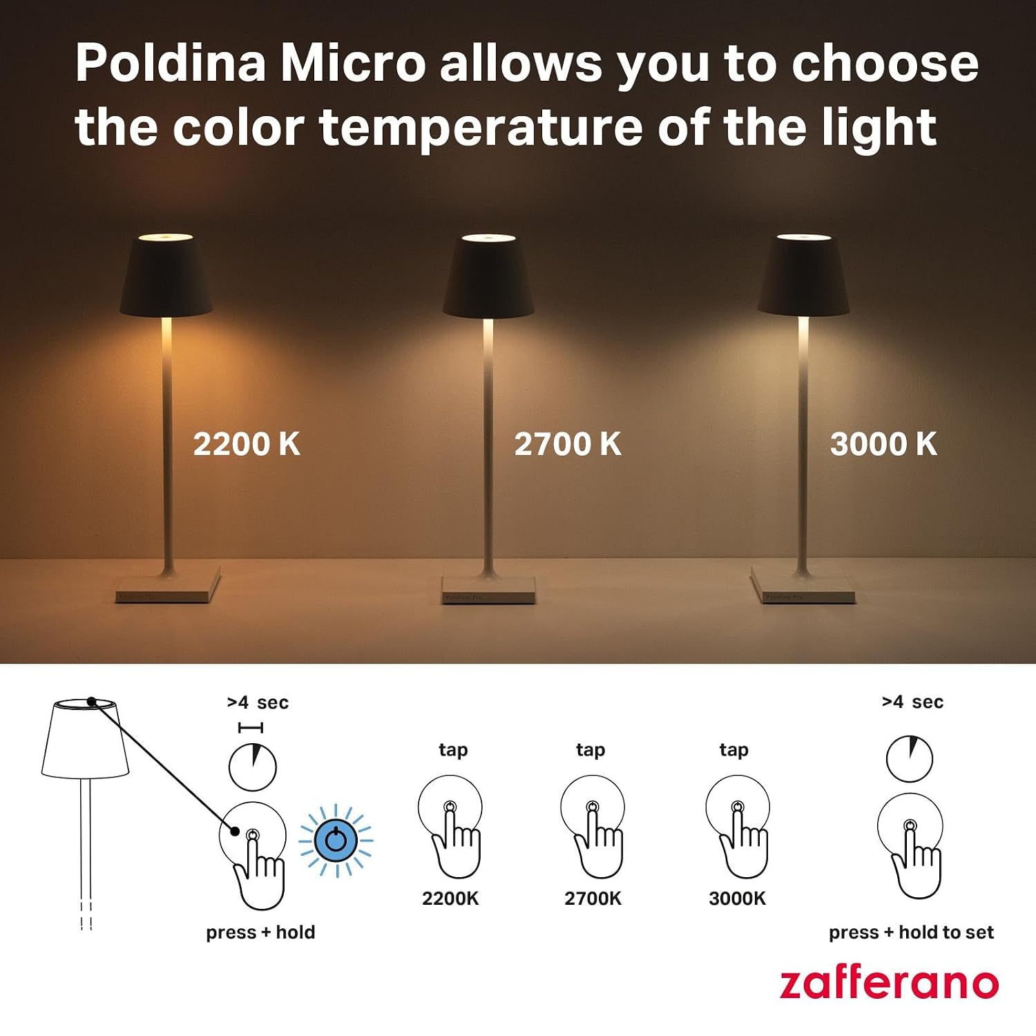 Zafferano, Poldina Micro Lamp, Rechargeable Cordless Table Lamp with Touch Controls, Suitable for Indoor and Outdoor, Dimmer, 2200-3000 K, Height 10.8 Inches, Sand Color
